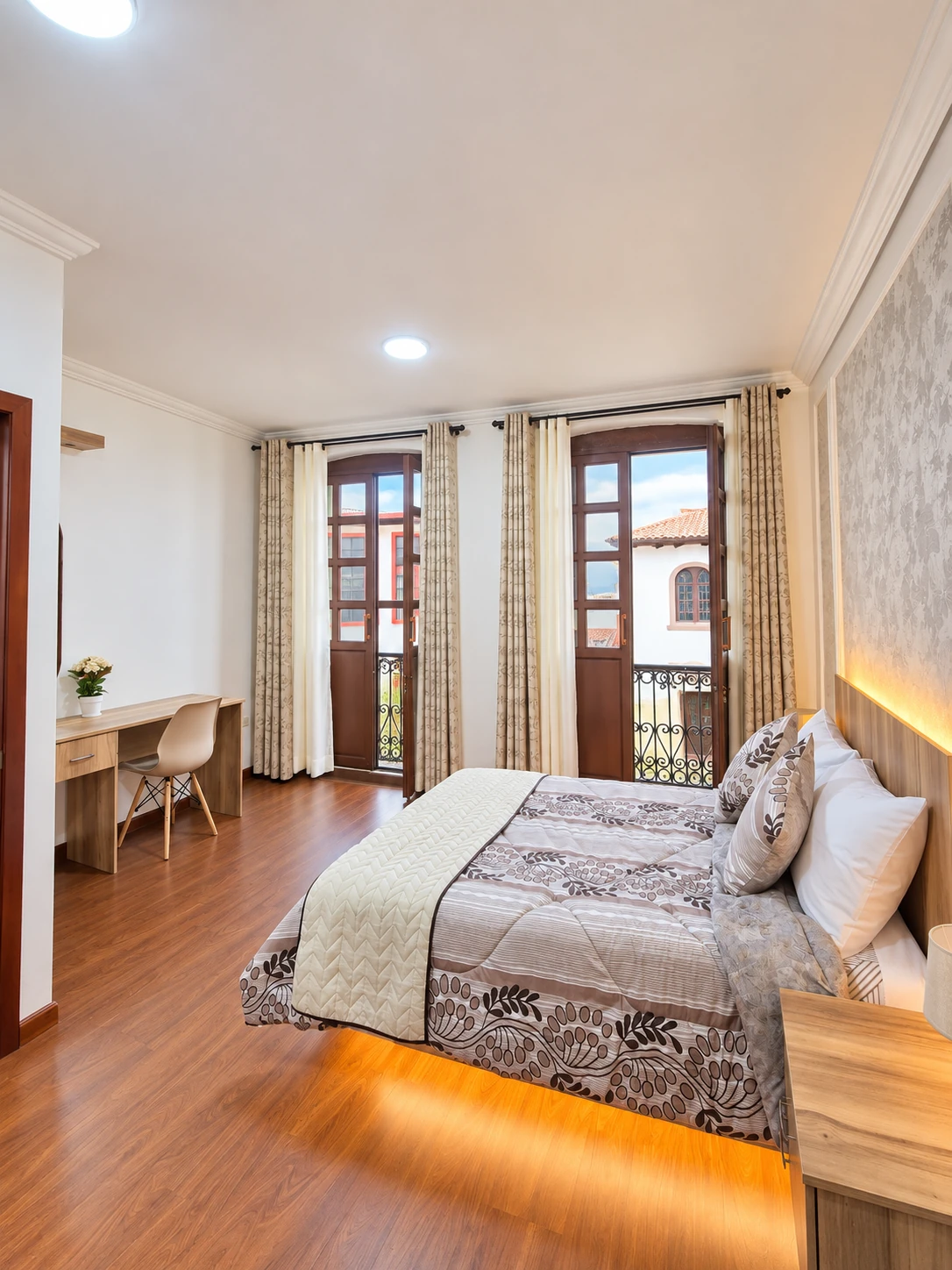 Habitación 1 con cama doble y balcón del Departamento 1